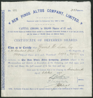 Mexico, New Pinos Altos Company Ltd., £1 deferred shares, 1893