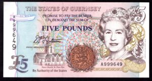 Guernsey, States Issue, £5, Trestain signature, (1996), A999649 (BYB GU45a). AU-UNC.
