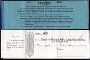 Chartered Bank of India Australia & China, Kuala Kangsar, F.M.S., unused cheque, circa 1930, with book cover etc. - Image 2