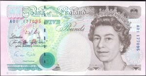 Bank of England, Gill, £5 (1990), first run  A01 177095 (Duggleby B357). GEF.