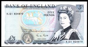 Bank of England, Gill, £5 (1988), RJ21 924970 (Duggleby B353). NEF.
