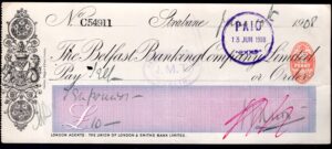 Belfast Banking Company Limited, Strabane Branch, 19[08], used cheque.