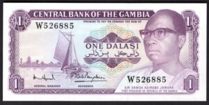 Gambia, Central Bank, 1 dalasi (1980s), series W (WPM 1d). UNC.