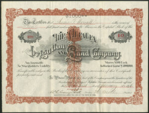 U.S.A: Alfalfa Irrigation and Land Co., $100 shares, 1896