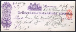 Union Bank of Scotland Limited, Stranraer branch, used cheque, 19[09].