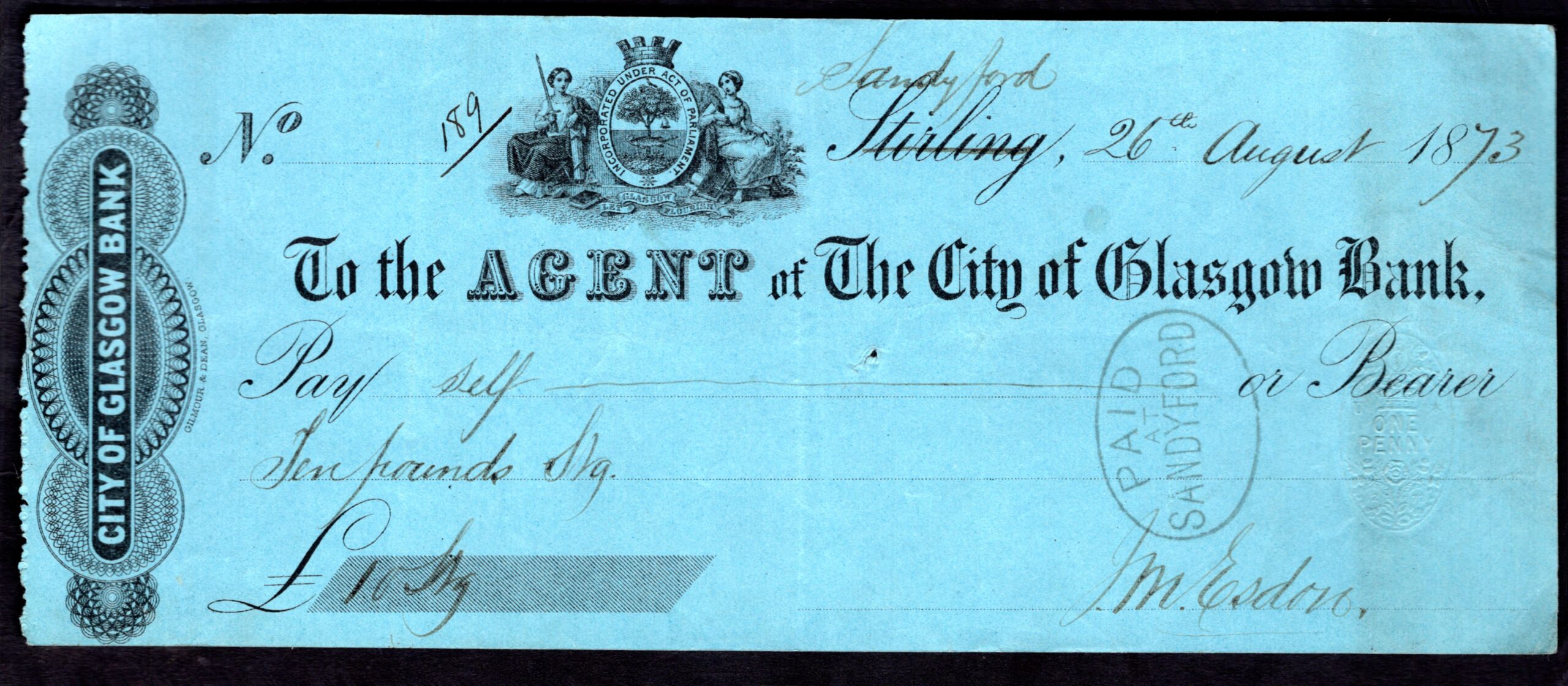 City of Glasgow Bank, Sandyford branch, used cheque, 18[73]. - M ...