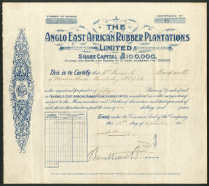 British East Africa: Anglo East African Rubber Plantations Ltd., 2/- shares, 1910