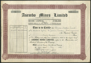 British East Africa: Asembo Mines Ltd., 1/- shares, 1936