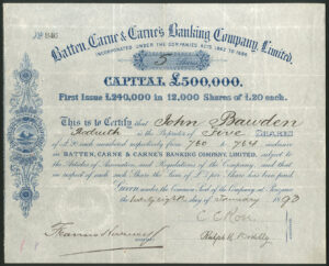 Batten, Carne & Carne's Banking Co. Ltd., £20 shares, 1893 - Image 1