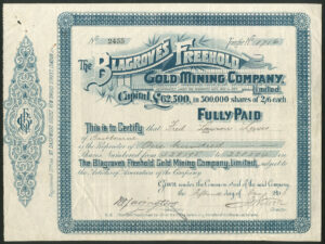 New Zealand: Blagrove's Freehold Gold Mining Co. Ltd., 2/6d shares, 1896
