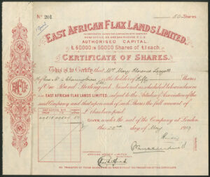 British East Africa: East African Flax Lands Ltd., £1 shares, 1919