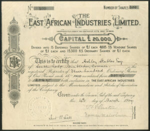 Kenya: East African Industries Ltd., Ordinary £1 shares, 1909