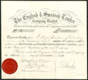 Sweden: English & Swedish Timber Co. Ltd., £100 shares, 1874, RARE