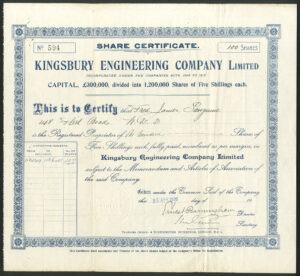 Kingsbury Engineering Co. Ltd., 5/- shares, 1920