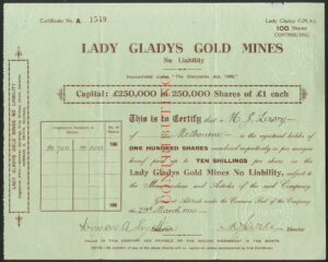 Australia: Lady Gladys Gold Mines NL, 100 shares, 1935