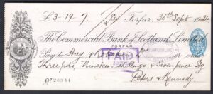 Commercial Bank of Scotland Limited, Forfar branch, used cheque, 19[24]