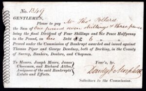 Dorking Bank, Piper & Dewdney, Final Dividend Bankruptcy Commission. Bank failed 1825. - Image 1