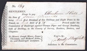 Dorking Bank, Piper & Dewdney, First Dividend, Bankruptcy Commission. Bank failed 1825. - Image 1