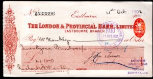 London & Provincial Bank Ltd, Eastbourne branch, used business size cheque, 190[2] over 18--. - Image 1