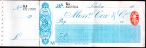 Messrs Cox & Co, Head Office, 16 Charing Cross, London, 19[15], unused cheque with counterfoil.