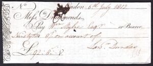 Messrs Drummonds, London, 1812, used bearer cheque.