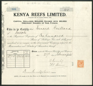 Kenya: Kenya Reefs Ltd., 5 shilling shares, 1935