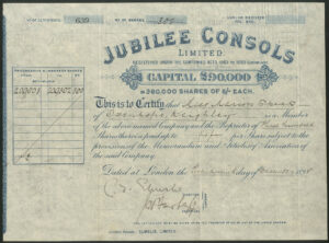 Australia: Jubilee Consols Ltd., 5 shilling shares, London Register, 1898