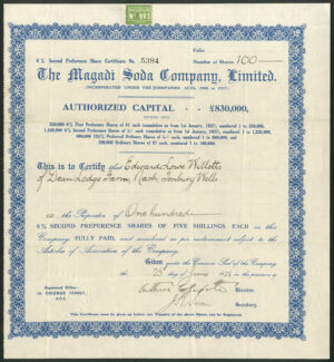 British East Africa: Magadi Soda Co. Ltd., 6% Second Preference shares, 1925