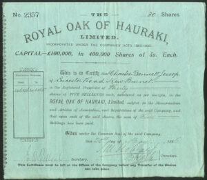 New Zealand: Royal Oak of Hauraki Ltd., a trio of certificates for 5/- shares