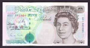 Bank of England, Gill, £5 (1990), series A01 (Duggleby B357). AU.