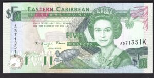 St Kitts, ECC Bank, $5 (1993), A571351K. (WPM 26k). UNC.