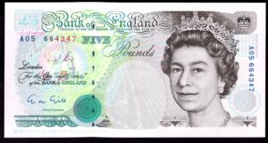 Bank of England, Gill, £5 (1990), series A05 (Duggleby B357). AU-UNC.