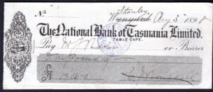 National Bank of Tasmania Limited, Table Cape, Wynyard, used cheque 1898.