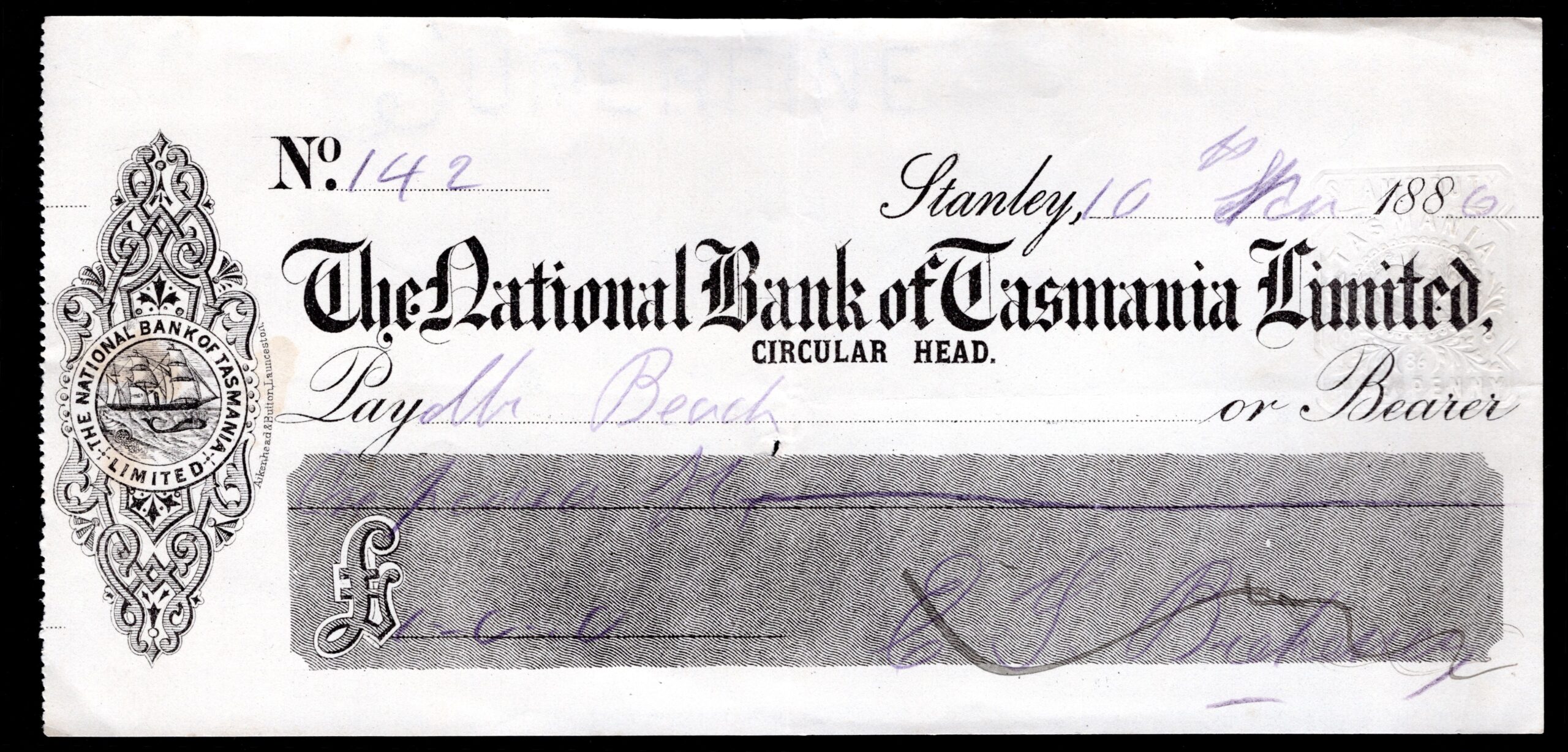 Cheques Head National Bank of Tasmania Limited, Circular Head. Stanley, used cheque ...