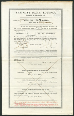 City Bank, London, scrip for 10 shares, 1872