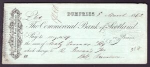 Commercial Bank of Scotland, Dumfries branch, used cheque, 1862