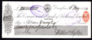 Commercial Bank of Scotland, Dumfries branch, used cheque, 1894.