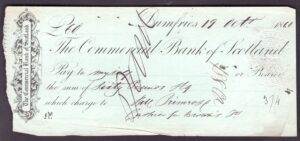 Commercial Bank of Scotland, Dumfries branch, used cheque, 1860