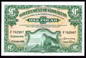 Gibraltar, Government Issue, £1, 3-10-1958, F762987 (Pick 15c). VF-EF.