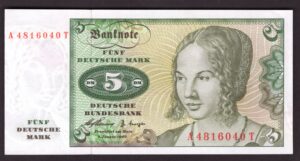 West Germany, Deutsche Bundesbank, 5 Deutsche mark, 2-1-1960, A4816040T (Pick 18a). AU.