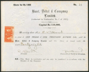 Seychelles: Hunt, Deltel & Company Limited, one share of 1000 rupees, undated but circa 1937