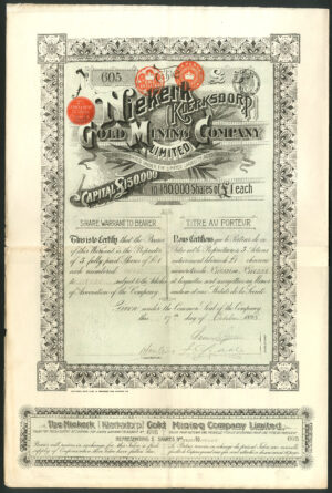 South Africa: Niekerk (Klerksdorp) Gold Mining Co. Ltd., bearer warrant for 5 £1 shares, 1895 - Image 1