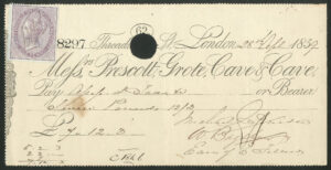 Prescott, Grote, Cave & Cave, 62 Threadneedle St., series N, bearer cheque, 185[9], duty stamp. 
