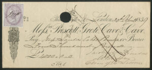 Prescott, Grote, Cave & Cave, 62 Threadneedle St., series I, bearer cheque, 185[9], duty stamp