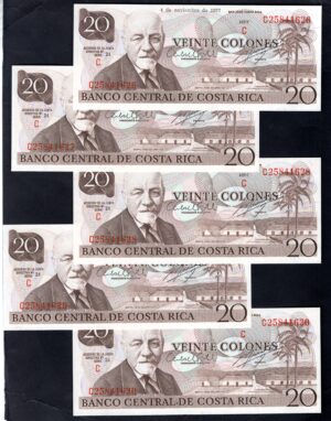 Costa Rica: Banco Central, 20 colones, 4-11-1982, series C, 5 consecutive. UNC.