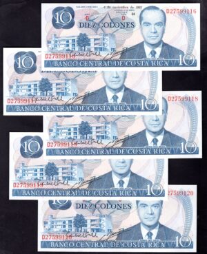 Costa Rica: Banco Central, 10 colones, 4-11-1982, series D, 5 consecutive. UNC.