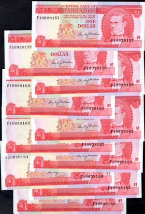 Barbados, Central Bank $1, F1 (1973), Blackman signature (WPM 29a), 10 consecutive. AU.