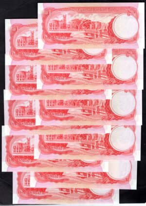 Barbados, Central Bank $1, F1 (1973), Blackman signature (WPM 29a), 10 consecutive. AU. - Image 2