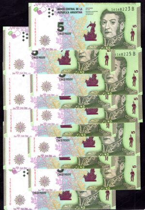 Argentina, Banco Central, 5 pesos, series B, (2016) (WPM 359). pack fresh, 10 consecutive UNC.