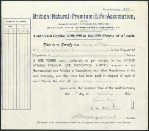 British Natural Premium Life Association Ltd., £1 shares, 1898-9
